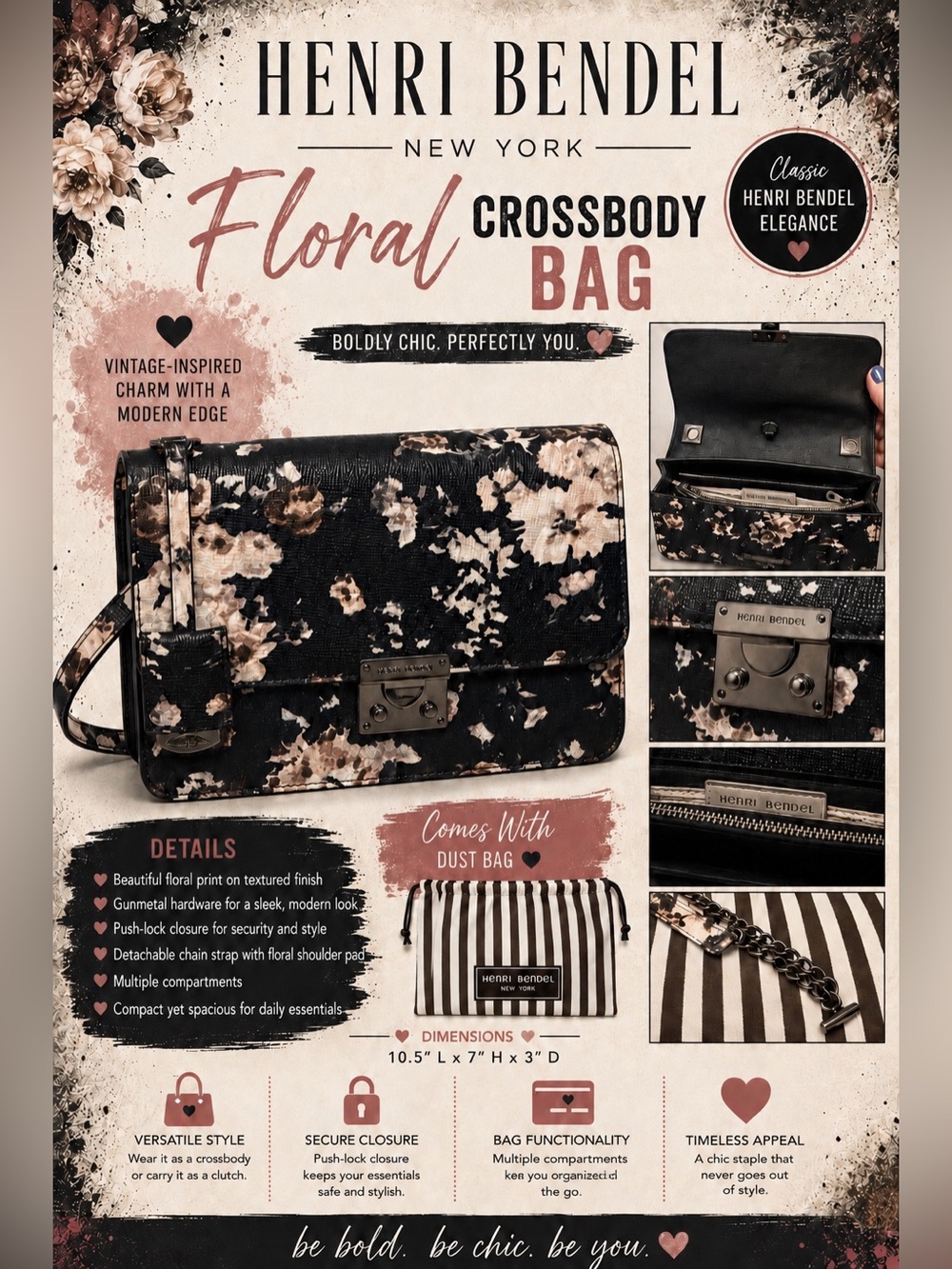 henri bendel Black Floral Crossbody πΊπΈ - Picture 1 of 8